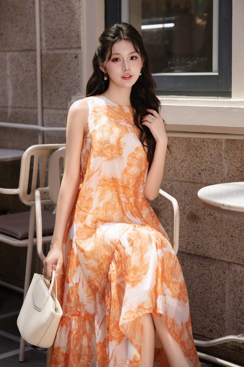 Sixdo Orange Peony Organza Flared Dress